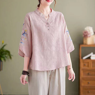 Summer Embroidery Flower Three Quarter Sleeve Design Women's Cotton Linen Notched Collar Shirt