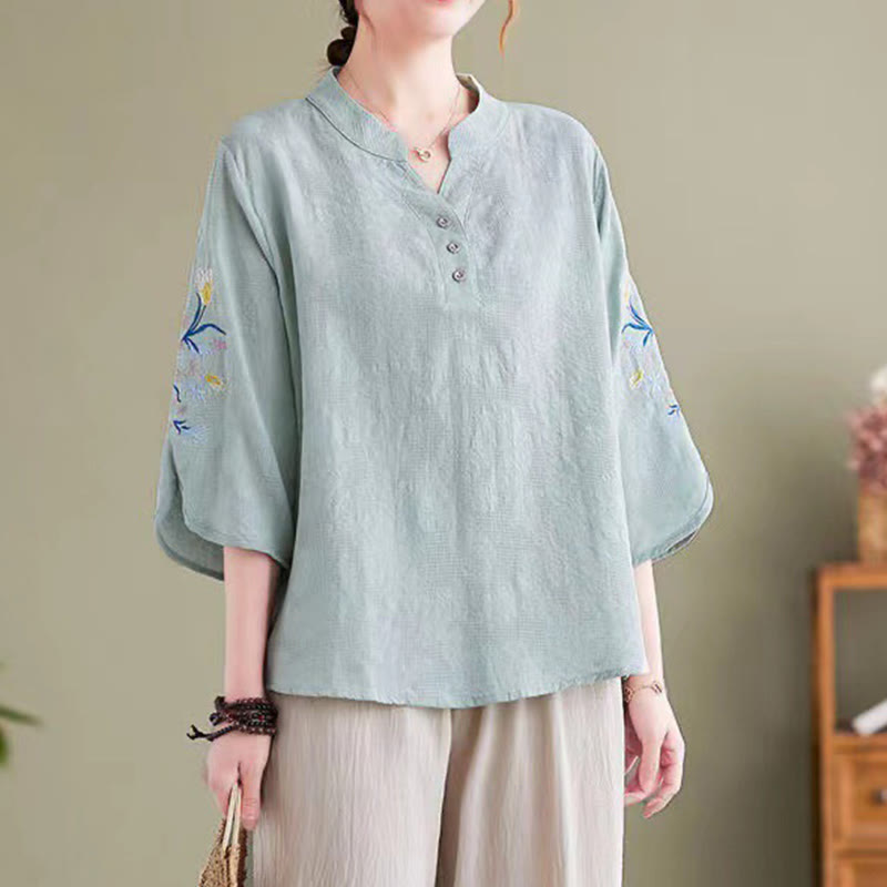 Summer Embroidery Flower Three Quarter Sleeve Design Women's Cotton Linen Notched Collar Shirt