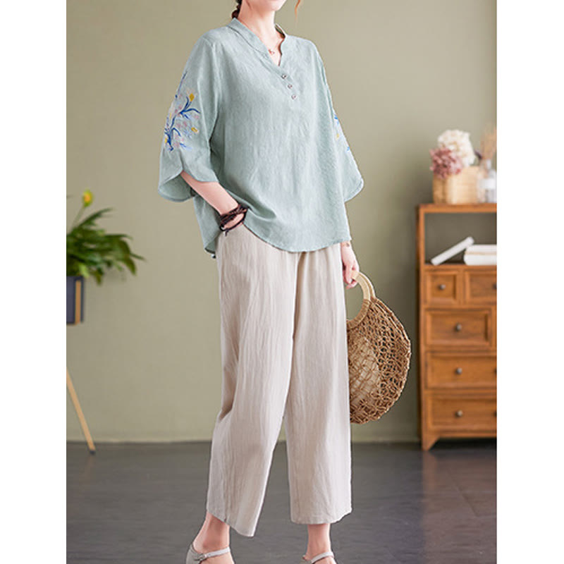 Summer Embroidery Flower Three Quarter Sleeve Design Women's Cotton Linen Notched Collar Shirt