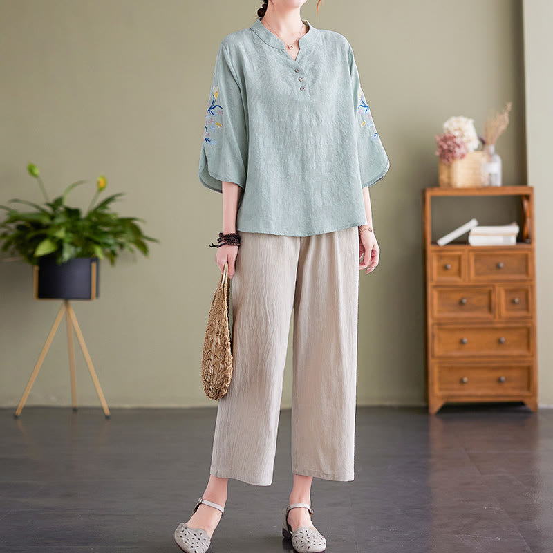 Summer Embroidery Flower Three Quarter Sleeve Design Women's Cotton Linen Notched Collar Shirt