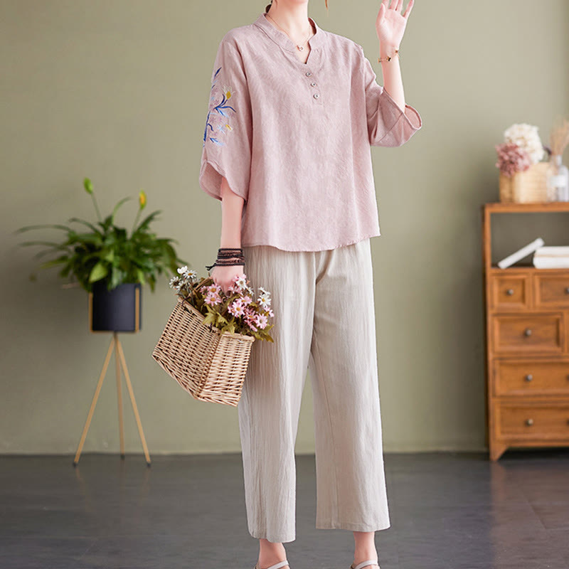 Summer Embroidery Flower Three Quarter Sleeve Design Women's Cotton Linen Notched Collar Shirt