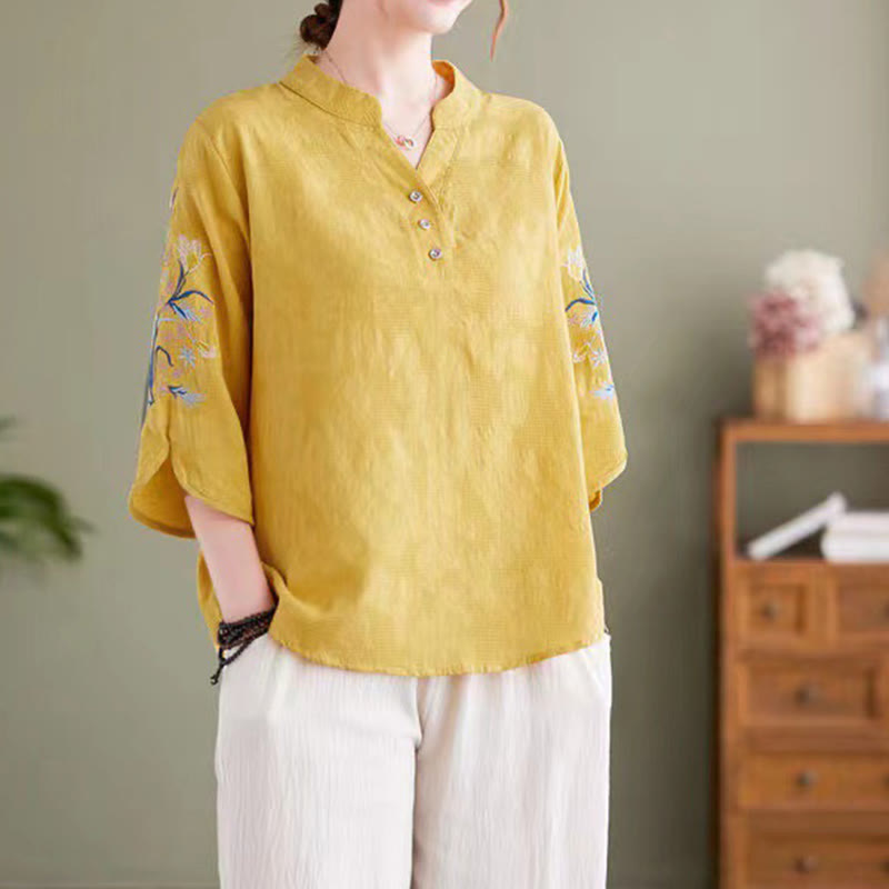 Summer Embroidery Flower Three Quarter Sleeve Design Women's Cotton Linen Notched Collar Shirt