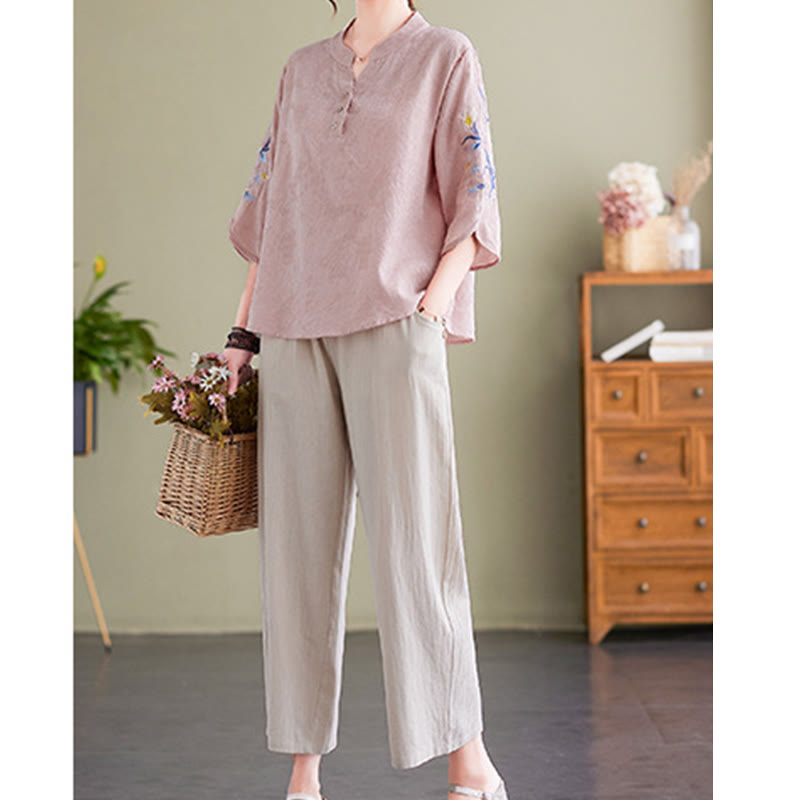 Summer Embroidery Flower Three Quarter Sleeve Design Women's Cotton Linen Notched Collar Shirt