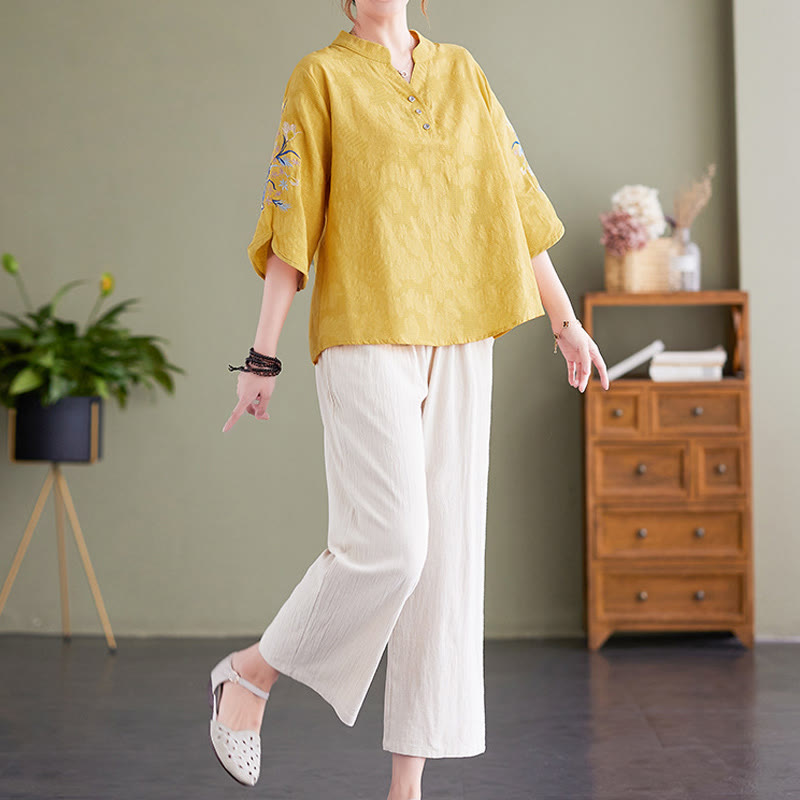 Summer Embroidery Flower Three Quarter Sleeve Design Women's Cotton Linen Notched Collar Shirt