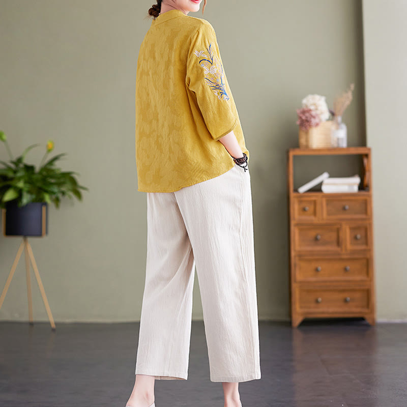 Summer Embroidery Flower Three Quarter Sleeve Design Women's Cotton Linen Notched Collar Shirt