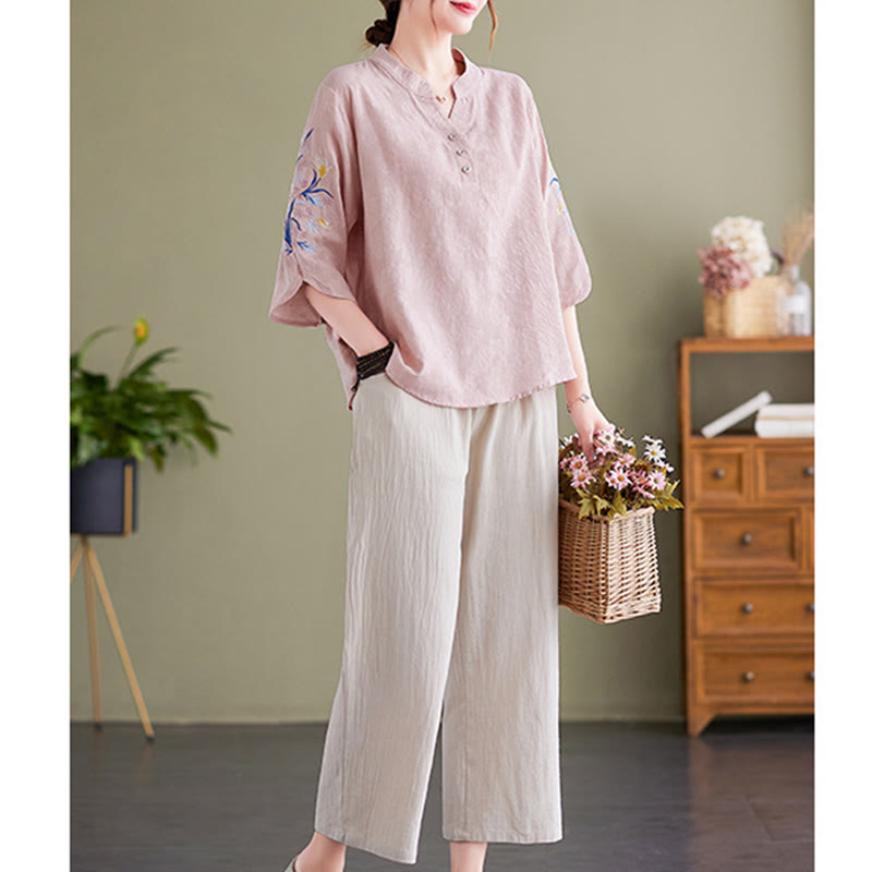 Summer Embroidery Flower Three Quarter Sleeve Design Women's Cotton Linen Notched Collar Shirt