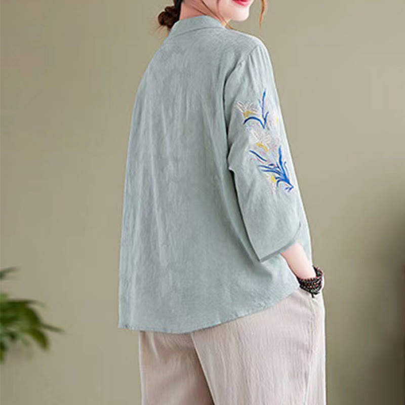 Summer Embroidery Flower Three Quarter Sleeve Design Women's Cotton Linen Notched Collar Shirt
