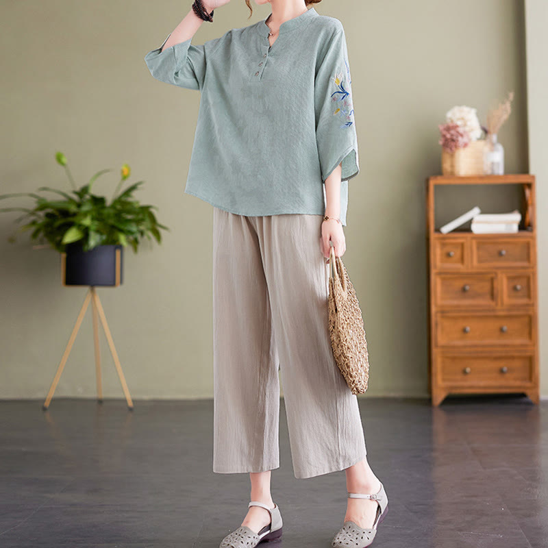 Summer Embroidery Flower Three Quarter Sleeve Design Women's Cotton Linen Notched Collar Shirt