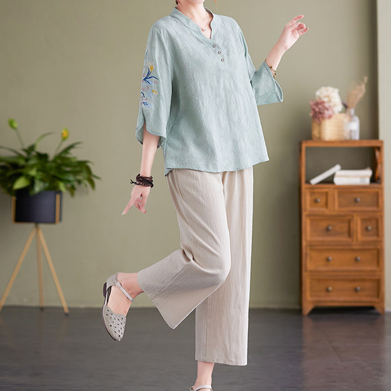 Summer Embroidery Flower Three Quarter Sleeve Design Women's Cotton Linen Notched Collar Shirt