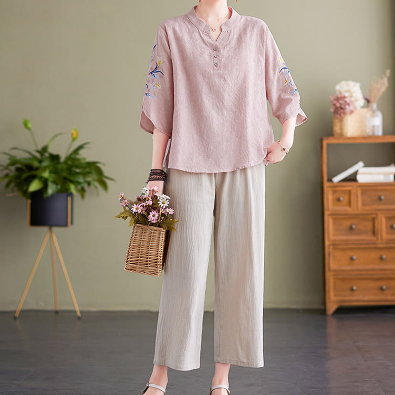 Summer Embroidery Flower Three Quarter Sleeve Design Women's Cotton Linen Notched Collar Shirt