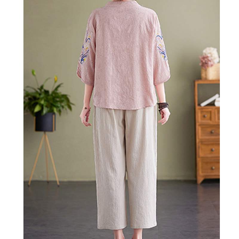 Summer Embroidery Flower Three Quarter Sleeve Design Women's Cotton Linen Notched Collar Shirt