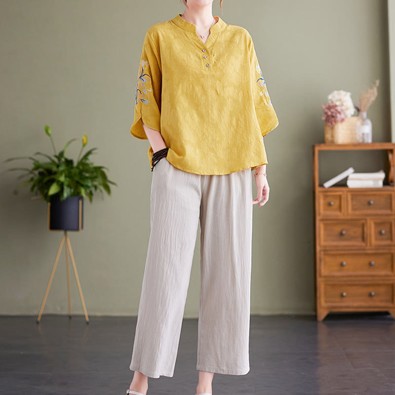 Summer Embroidery Flower Three Quarter Sleeve Design Women's Cotton Linen Notched Collar Shirt