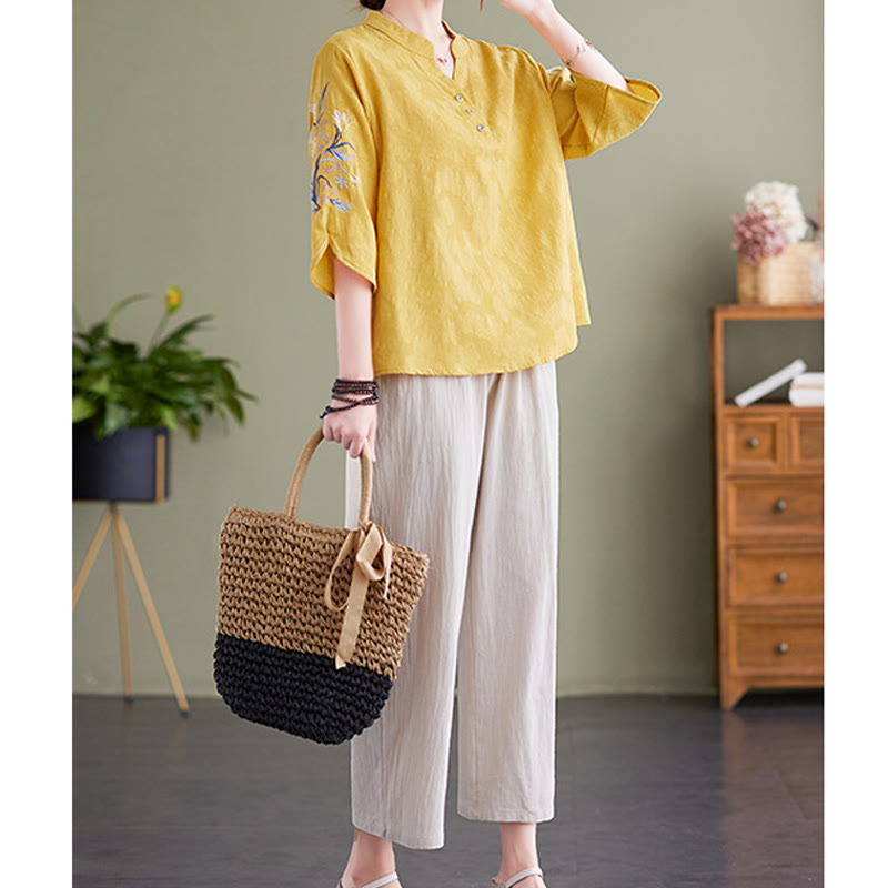 Summer Embroidery Flower Three Quarter Sleeve Design Women's Cotton Linen Notched Collar Shirt