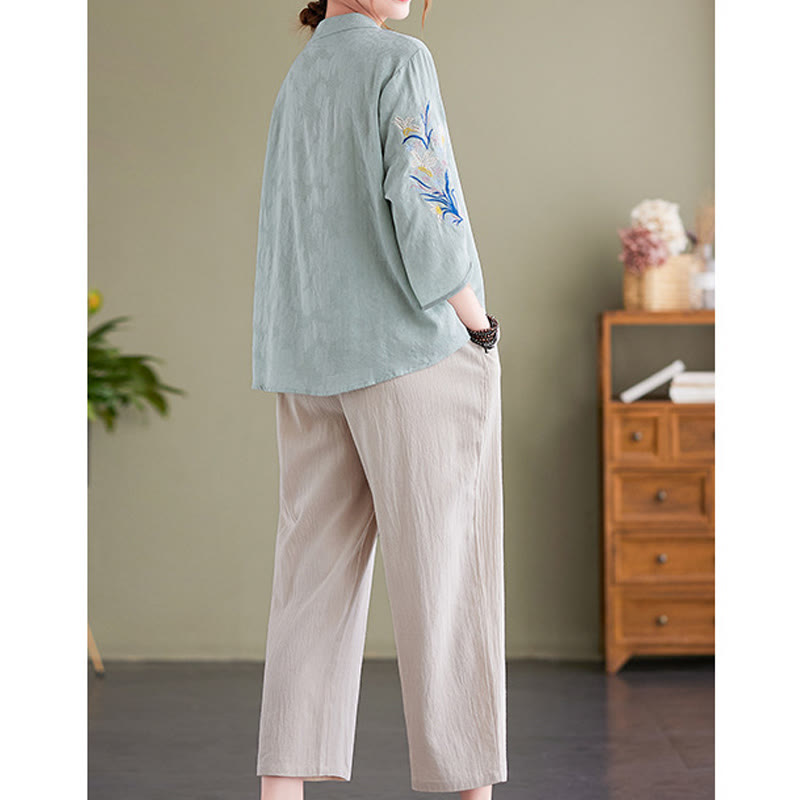 Summer Embroidery Flower Three Quarter Sleeve Design Women's Cotton Linen Notched Collar Shirt