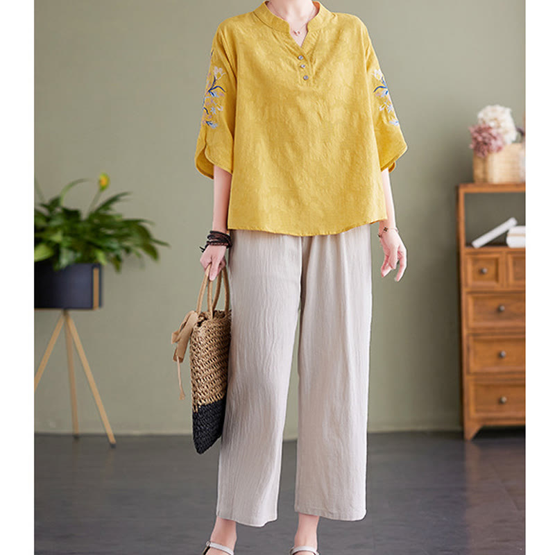 Summer Embroidery Flower Three Quarter Sleeve Design Women's Cotton Linen Notched Collar Shirt