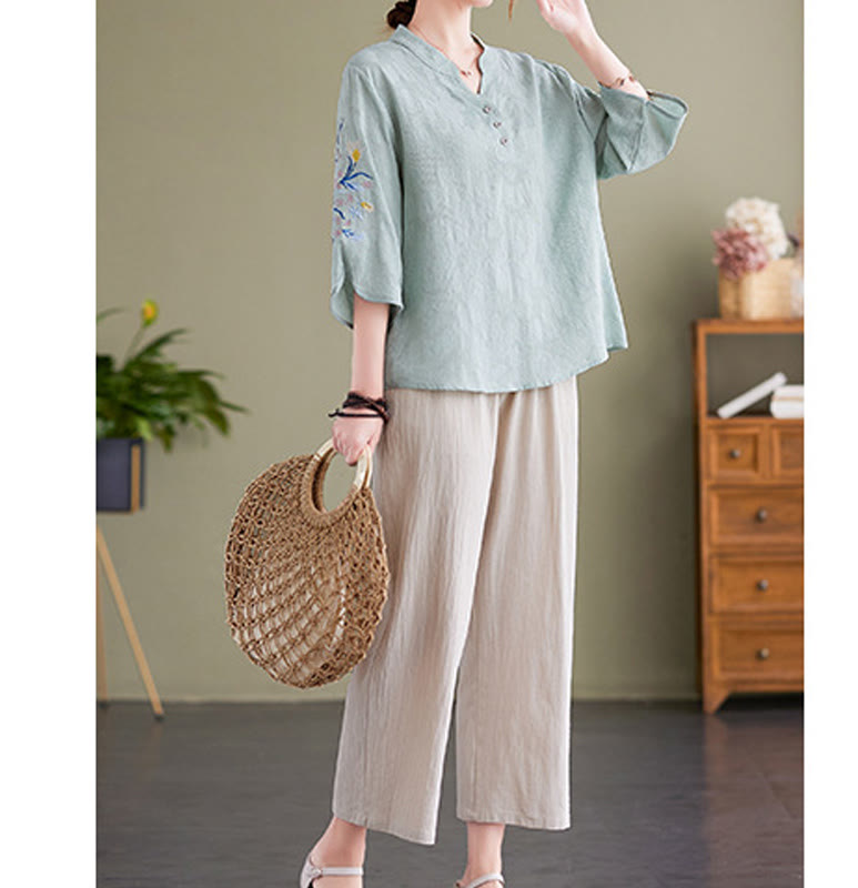 Summer Embroidery Flower Three Quarter Sleeve Design Women's Cotton Linen Notched Collar Shirt