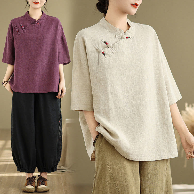 Breathable Cotton Linen Stand Collar Meditation Shirt