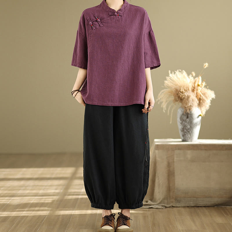 Breathable Cotton Linen Stand Collar Meditation Shirt