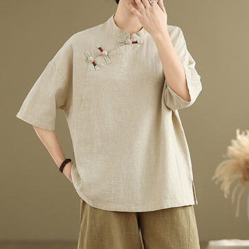 Breathable Cotton Linen Stand Collar Meditation Shirt