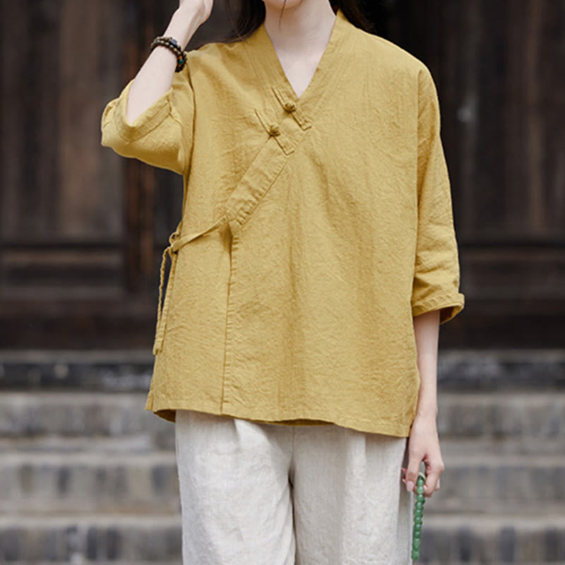 Vintage Zen Pure Color Lace Up Side Patchwork Design Women's Cotton Linen Half Sleeve Shirt Cardigan