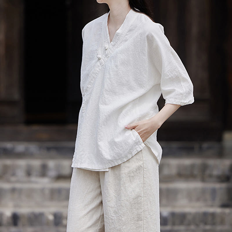 Vintage Zen Pure Color Lace Up Side Patchwork Design Women's Cotton Linen Half Sleeve Shirt Cardigan