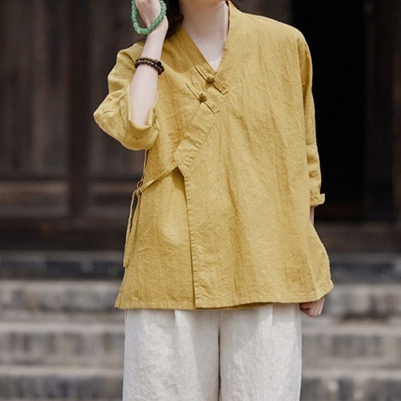 Vintage Zen Pure Color Lace Up Side Patchwork Design Women's Cotton Linen Half Sleeve Shirt Cardigan