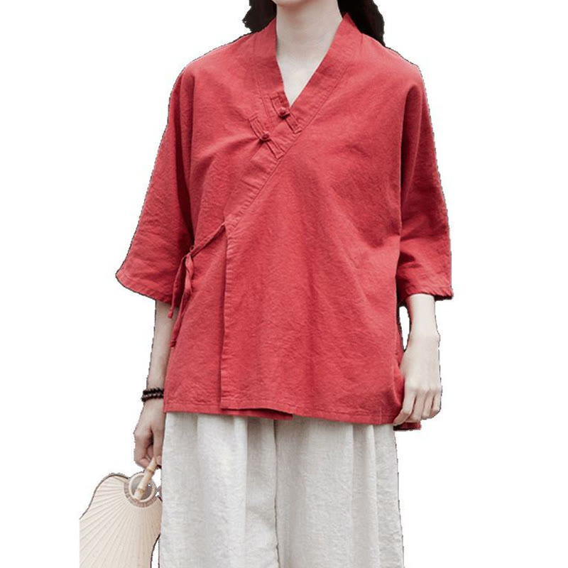 Vintage Zen Pure Color Lace Up Side Patchwork Design Women's Cotton Linen Half Sleeve Shirt Cardigan