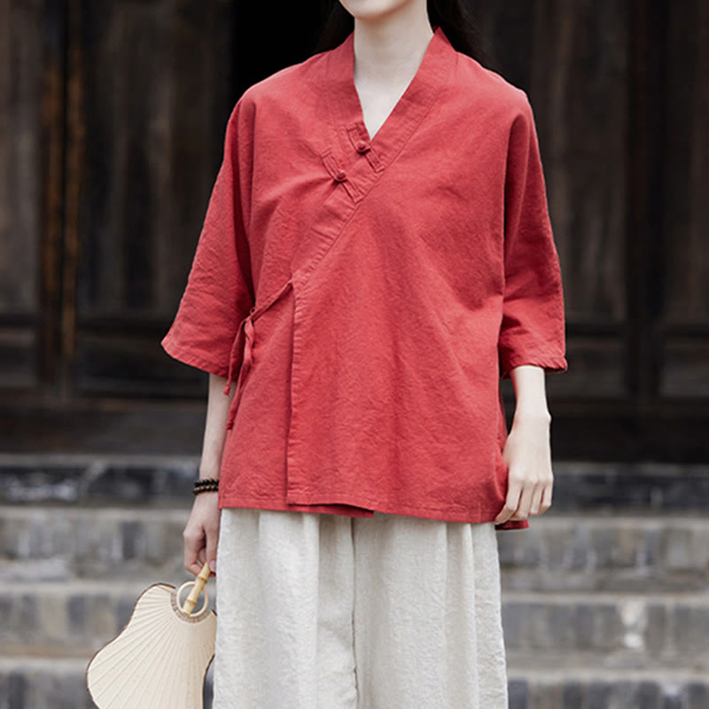 Vintage Zen Pure Color Lace Up Side Patchwork Design Women's Cotton Linen Half Sleeve Shirt Cardigan