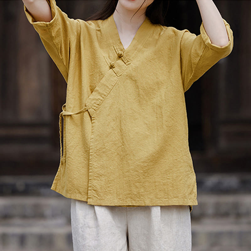 Vintage Zen Pure Color Lace Up Side Patchwork Design Women's Cotton Linen Half Sleeve Shirt Cardigan