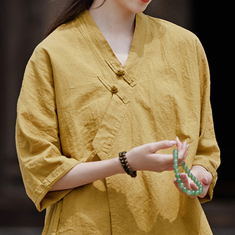 Vintage Zen Pure Color Lace Up Side Patchwork Design Women's Cotton Linen Half Sleeve Shirt Cardigan
