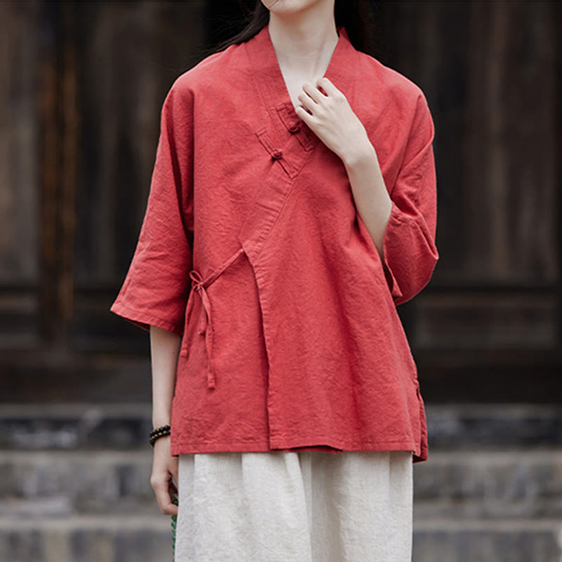 Vintage Zen Pure Color Lace Up Side Patchwork Design Women's Cotton Linen Half Sleeve Shirt Cardigan