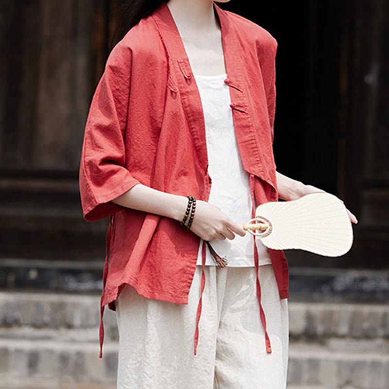 Vintage Zen Pure Color Lace Up Side Patchwork Design Women's Cotton Linen Half Sleeve Shirt Cardigan
