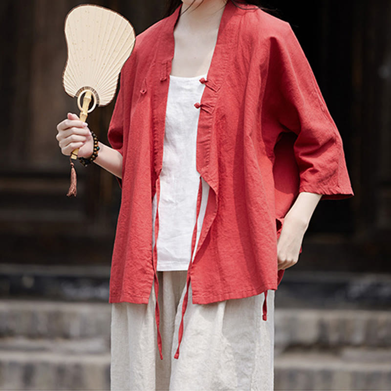 Vintage Zen Pure Color Lace Up Side Patchwork Design Women's Cotton Linen Half Sleeve Shirt Cardigan