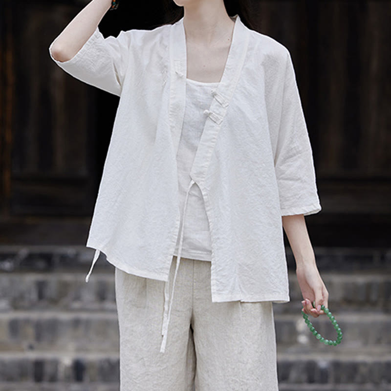 Vintage Zen Pure Color Lace Up Side Patchwork Design Women's Cotton Linen Half Sleeve Shirt Cardigan