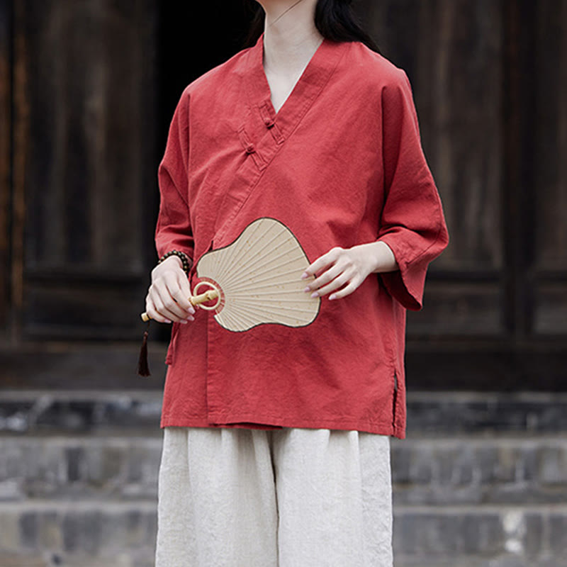 Vintage Zen Pure Color Lace Up Side Patchwork Design Women's Cotton Linen Half Sleeve Shirt Cardigan