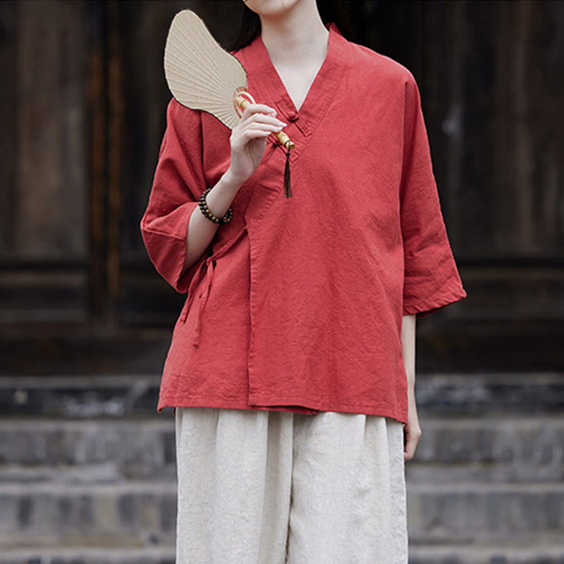 Vintage Zen Pure Color Lace Up Side Patchwork Design Women's Cotton Linen Half Sleeve Shirt Cardigan