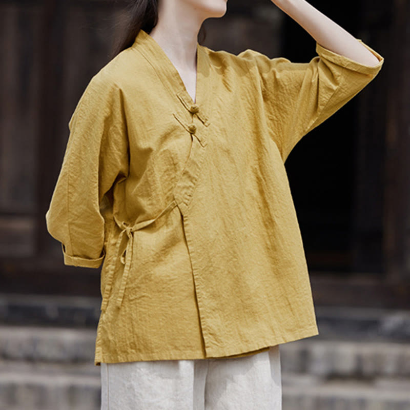 Vintage Zen Pure Color Lace Up Side Patchwork Design Women's Cotton Linen Half Sleeve Shirt Cardigan