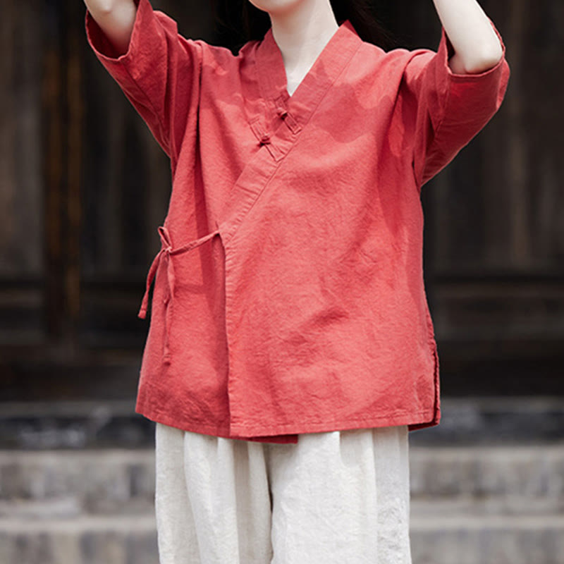 Vintage Zen Pure Color Lace Up Side Patchwork Design Women's Cotton Linen Half Sleeve Shirt Cardigan