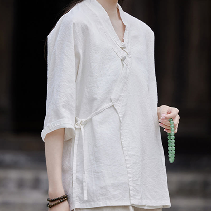 Vintage Zen Pure Color Lace Up Side Patchwork Design Women's Cotton Linen Half Sleeve Shirt Cardigan