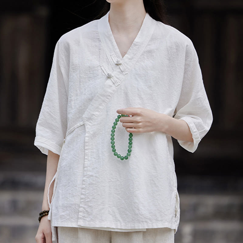 Vintage Zen Pure Color Lace Up Side Patchwork Design Women's Cotton Linen Half Sleeve Shirt Cardigan