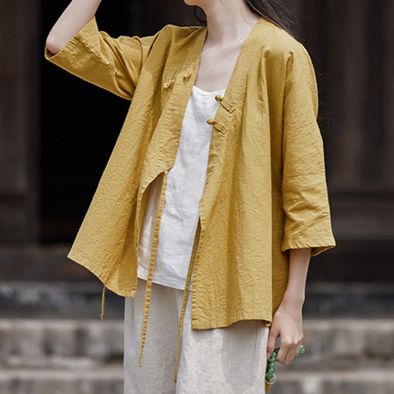 Vintage Zen Pure Color Lace Up Side Patchwork Design Women's Cotton Linen Half Sleeve Shirt Cardigan
