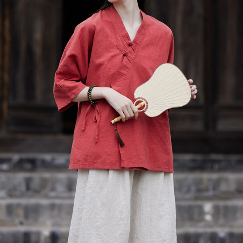 Vintage Zen Pure Color Lace Up Side Patchwork Design Women's Cotton Linen Half Sleeve Shirt Cardigan