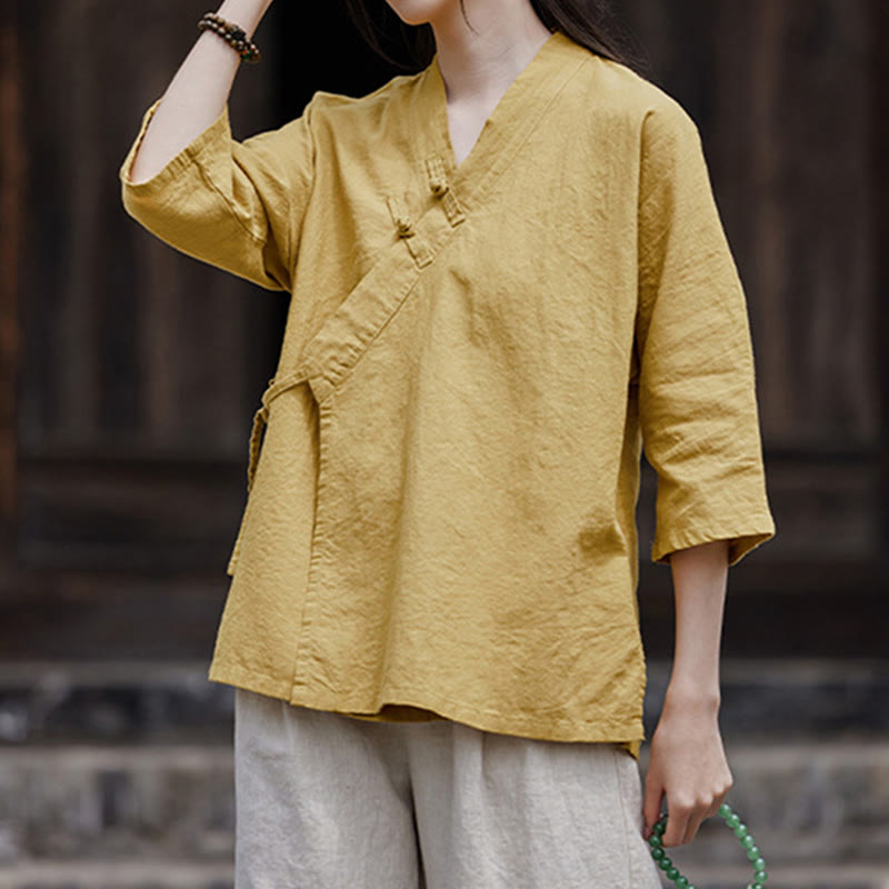 Vintage Zen Pure Color Lace Up Side Patchwork Design Women's Cotton Linen Half Sleeve Shirt Cardigan