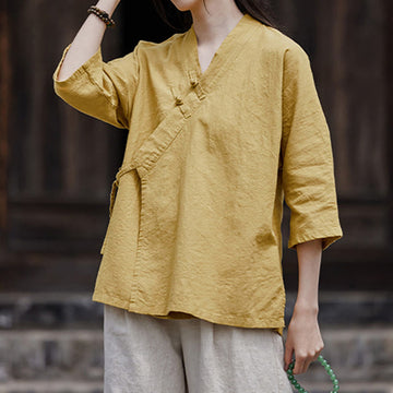 Vintage Zen Pure Color Lace Up Side Patchwork Design Women's Cotton Linen Half Sleeve Shirt Cardigan
