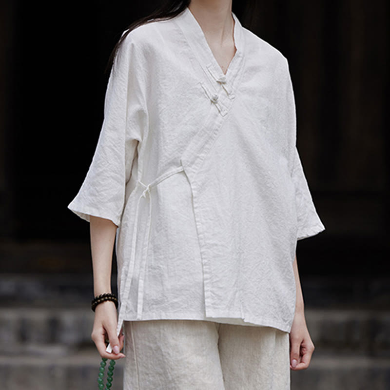 Vintage Zen Pure Color Lace Up Side Patchwork Design Women's Cotton Linen Half Sleeve Shirt Cardigan