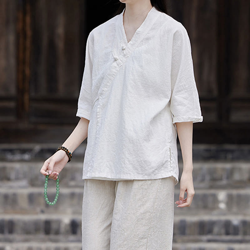 Vintage Zen Pure Color Lace Up Side Patchwork Design Women's Cotton Linen Half Sleeve Shirt Cardigan