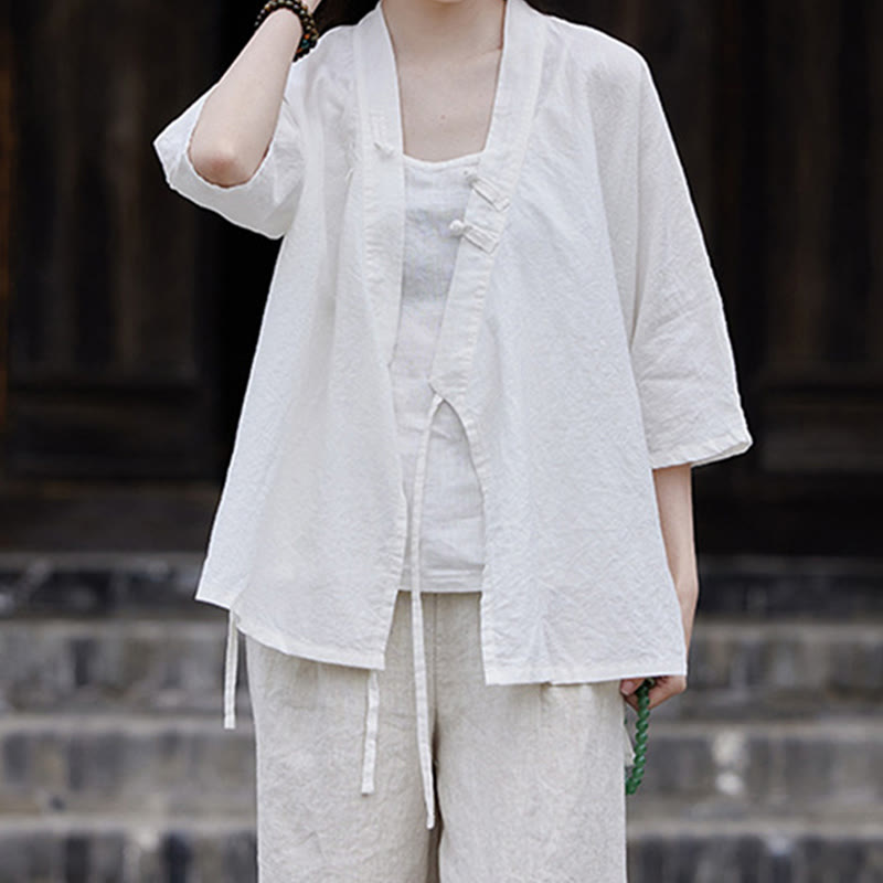 Vintage Zen Pure Color Lace Up Side Patchwork Design Women's Cotton Linen Half Sleeve Shirt Cardigan