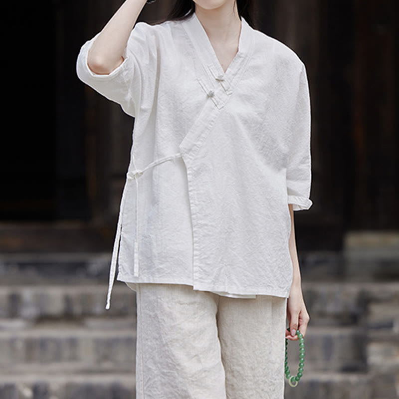 Vintage Zen Pure Color Lace Up Side Patchwork Design Women's Cotton Linen Half Sleeve Shirt Cardigan
