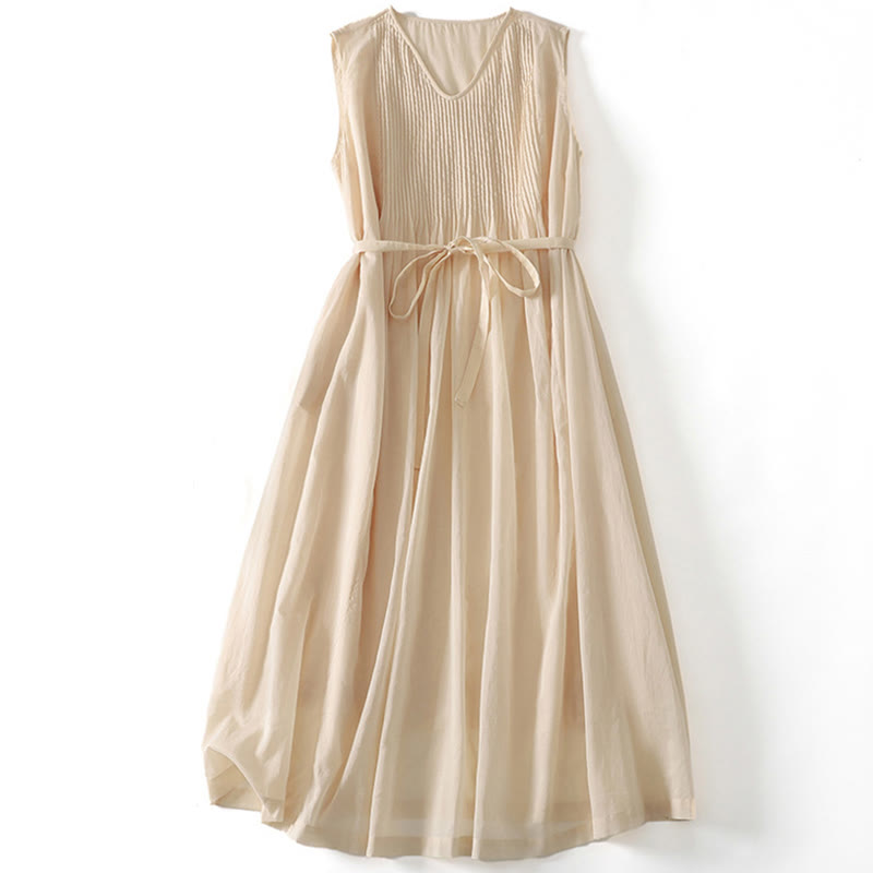 Breathable Cotton-Linen Accordion Pleat Mindful Midi Dress