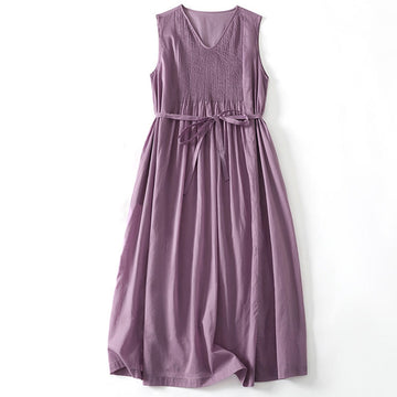 Breathable Cotton-Linen Accordion Pleat Mindful Midi Dress